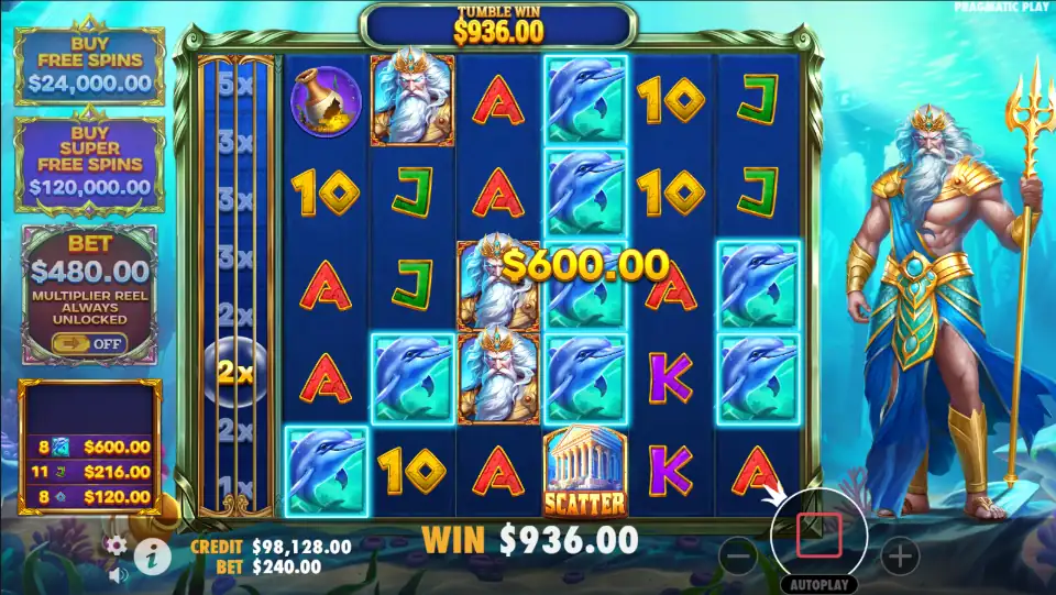 Poseidon Waves slot gameplay and multipliers
