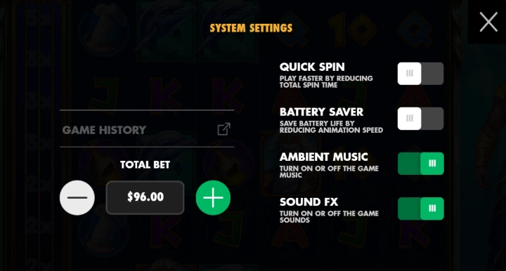 sound, spin speed and base bet settings
